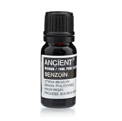 Benzoin essential oil bottle from AW Gifts, 10ml, with a clear label and amber-colored glass container for skincare use