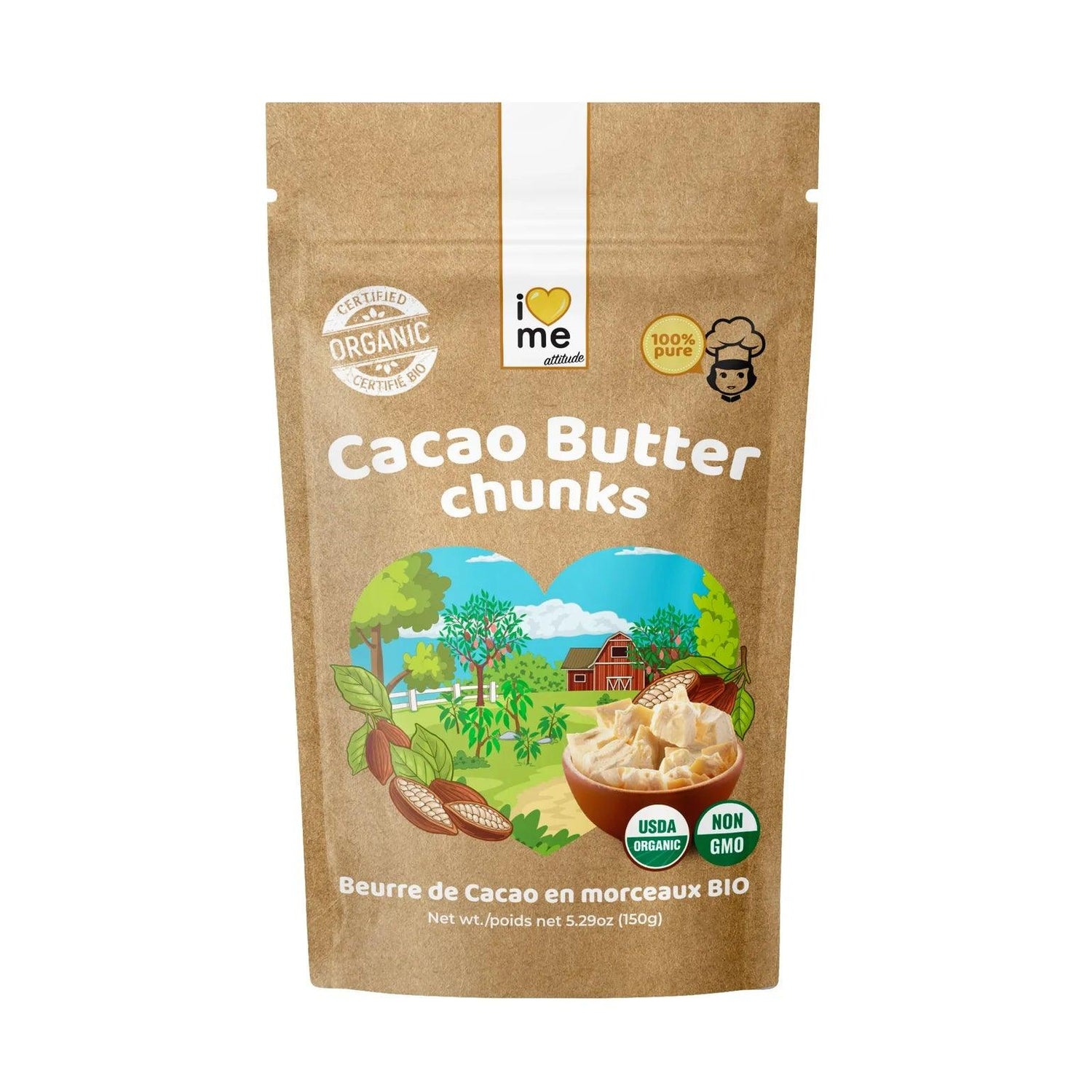 Organic cocoa butter pieces in 150g package from ILOVE ME, showing creamy, natural cocoa butter chunks in a clear container.