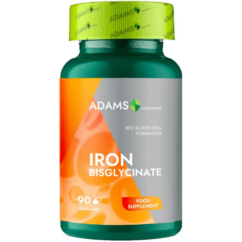 Adams Supplements Iron Bisglycinate supplement bottle with 90 capsules, showing the product label and capsules inside.
