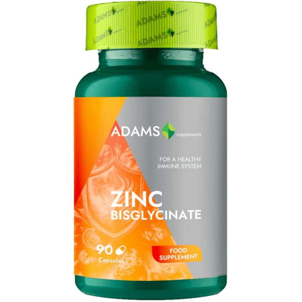 Bottle of Adams Supplements Zinc Bisglycinate capsules, 90 count, dietary supplement for immune support and mineral health.