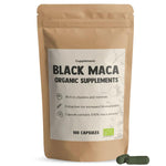 CUPPLEMENT BIO Black Maca superfood capsules, 100 black maca supplement capsules in a clear container with black capsules visible.