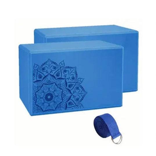 Blue yoga blocks and stretch strap set by TEMU, 3-piece accessory for flexibility and yoga practice.