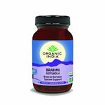 Organic India Brahmi and GotuKola capsules by Herbalistas, showing 90 herbal supplement capsules in a resealable bottle.