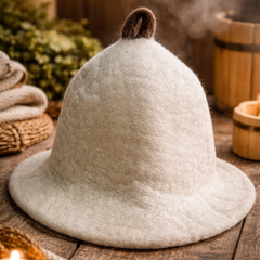 Natural felted sauna bowl hat from AW GIFTS, showcasing a soft, handcrafted design for comfortable sauna use.
