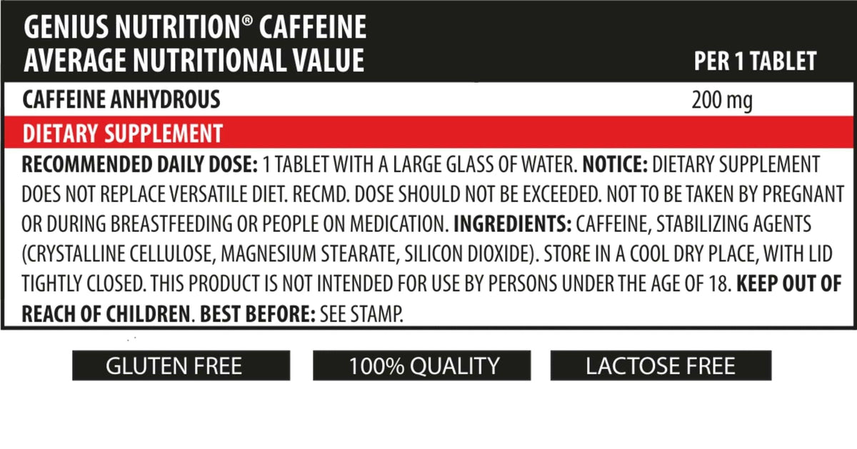 Genius Nutrition Caffeine 90-tab energy supplement bottles with 90 tablets for enhanced alertness and focus