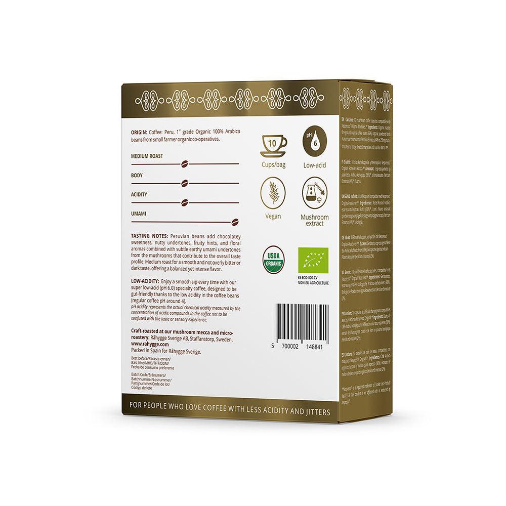 Herbalistas RA Hygge BIO Lion's Mane Nespresso coffee capsules, 10-pack, showing the back of the lion’s mane-themed capsule design