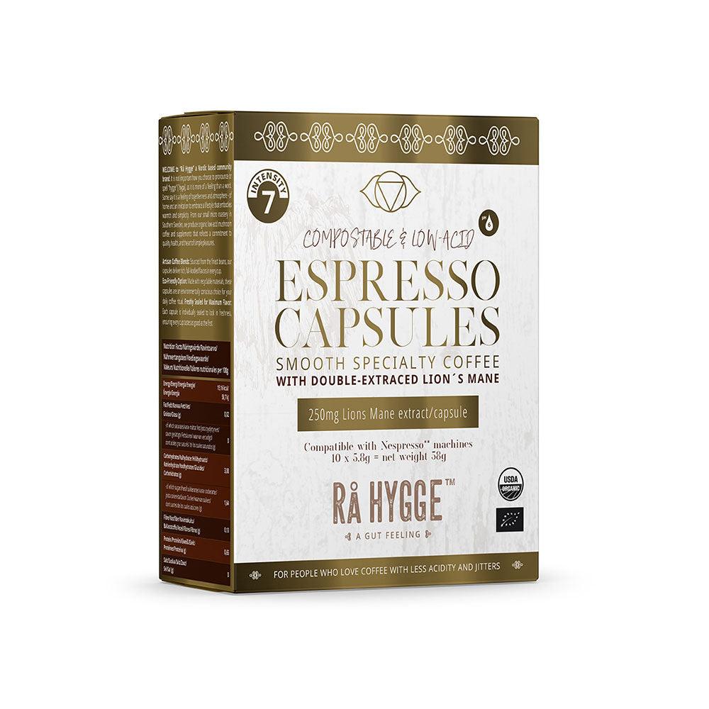 Herbalistas RA Hygge BIO Lion's Mane Nespresso coffee capsules, 10-pack, with front view of individual capsule showing branding.