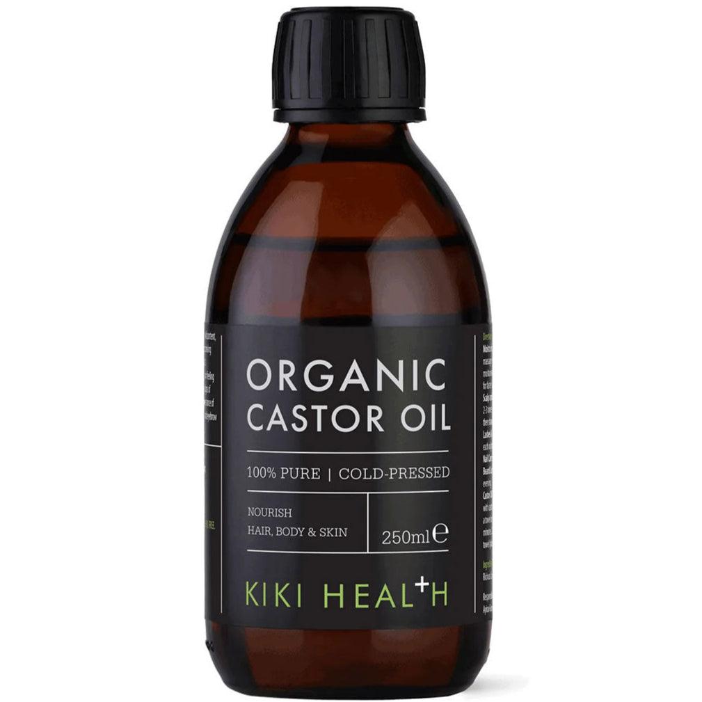 Bottle of KIKI Health Organic Castor Oil for skin care, cold-pressed and food-grade, in a 250 ml container.