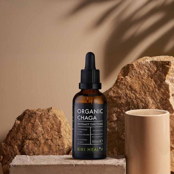 Kiki Health Organic Chaga Extract Tincture in 50ml bottle, herbal supplement with dark liquid in glass tincture bottle.