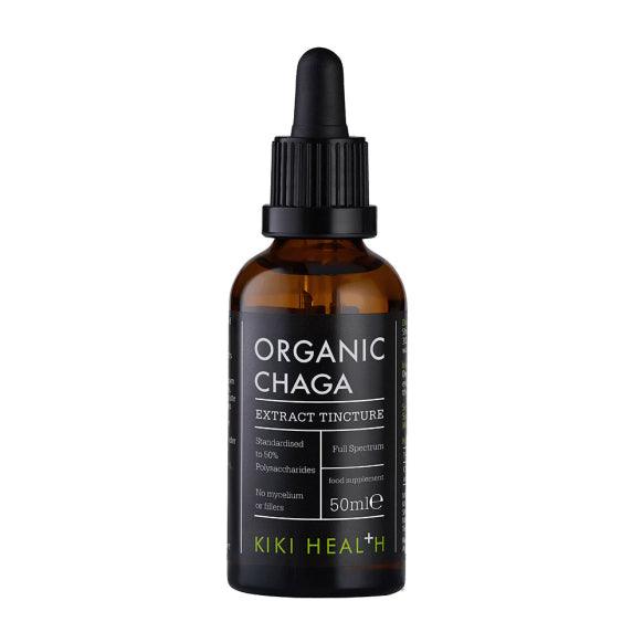 Organic Chaga extract tincture in a glass dropper bottle, labeled with Herbalistas branding, on a white background.