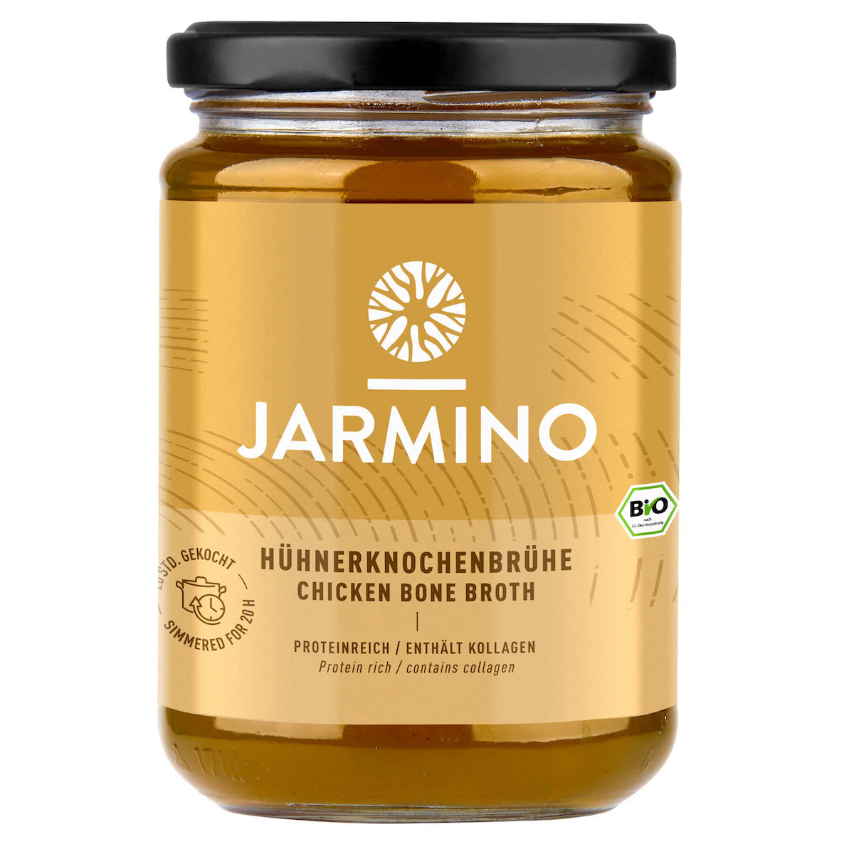 Jarmino organic chicken bone broth jar showing a clear, collagen-rich broth in a glass jar with a label, ready for cooking.