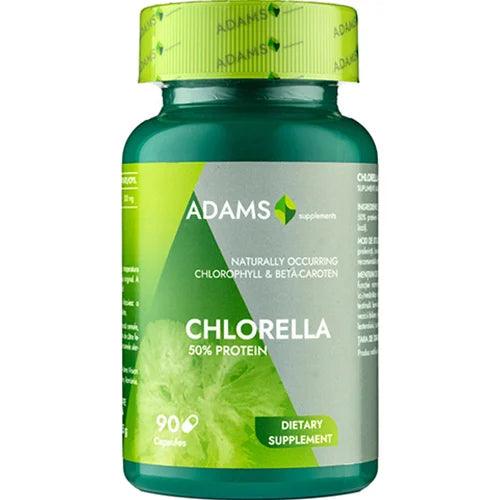 Bottle of Adams Supplements Chlorella 300mg capsules, natural green supplement for health, with 90 capsules in the container.