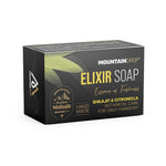 Herbalistas MountainDrop Elixir Soap box with citronella and shilajit, 100g, featuring natural soap ingredients and packaging design.