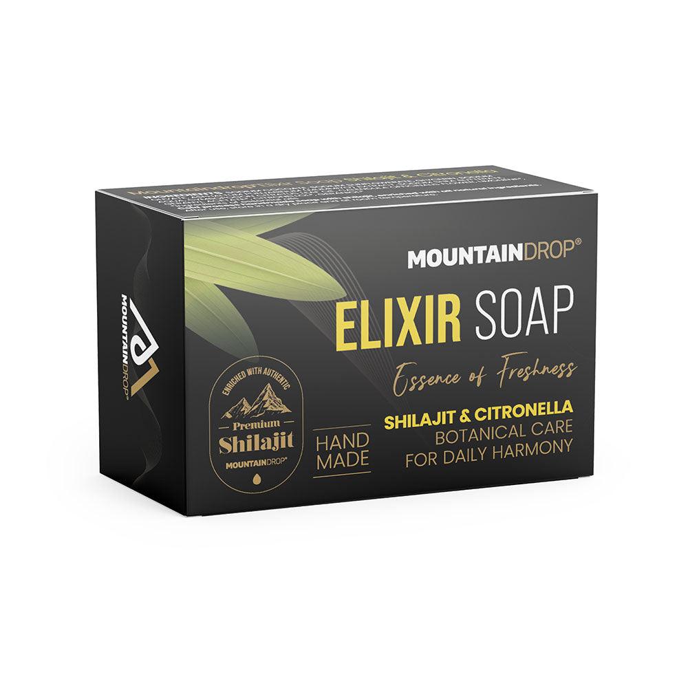Herbalistas MountainDrop Elixir Soap box with citronella and shilajit, 100g, featuring natural soap ingredients and packaging design.