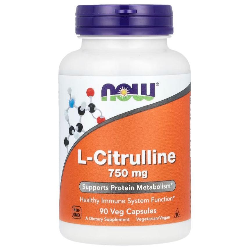 Veg capsules of NOW Foods L-Citrulline supplement, 750mg, in a clear container with label, designed for health and fitness support.
