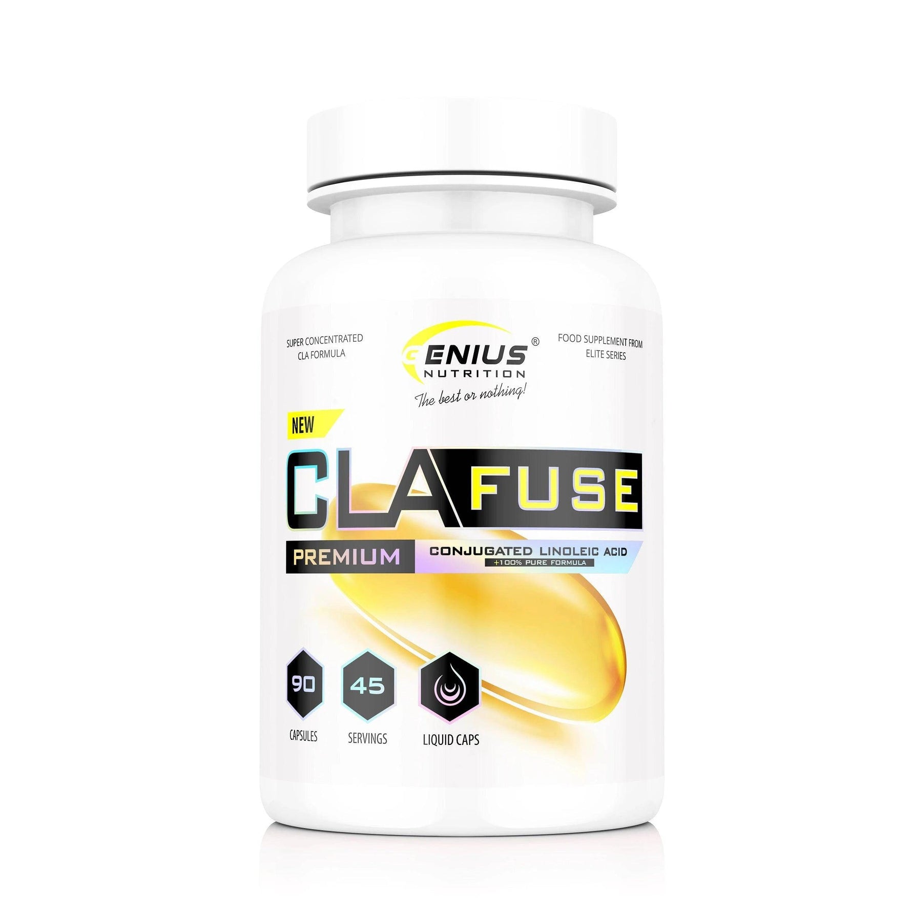 Genius Nutrition CLAFUSE 90 softgels supplement bottle with softgel capsules for health and wellness.