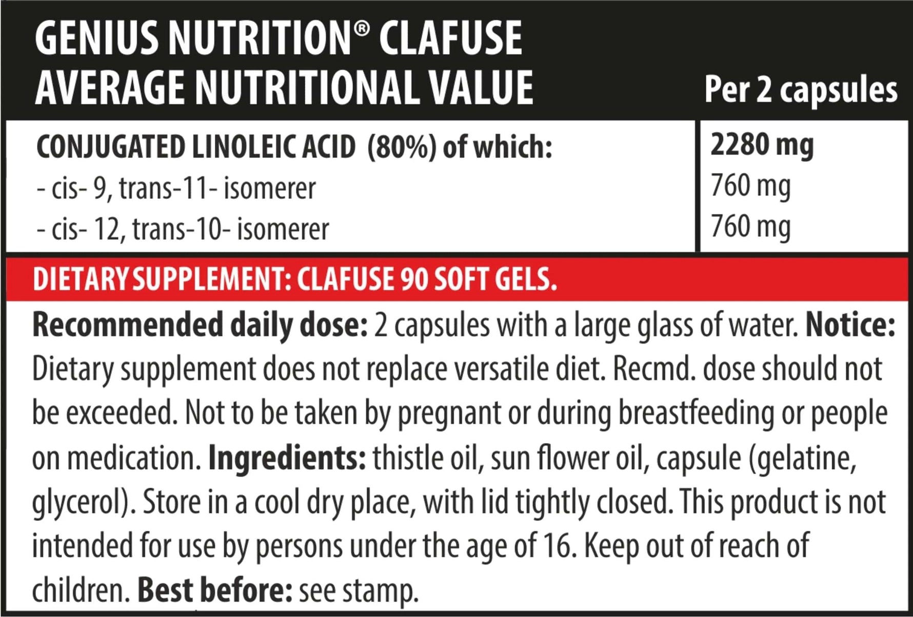Genius Nutrition CLAFUSE 90 softgels supplement bottle showing the product label and softgel capsules on a white background.