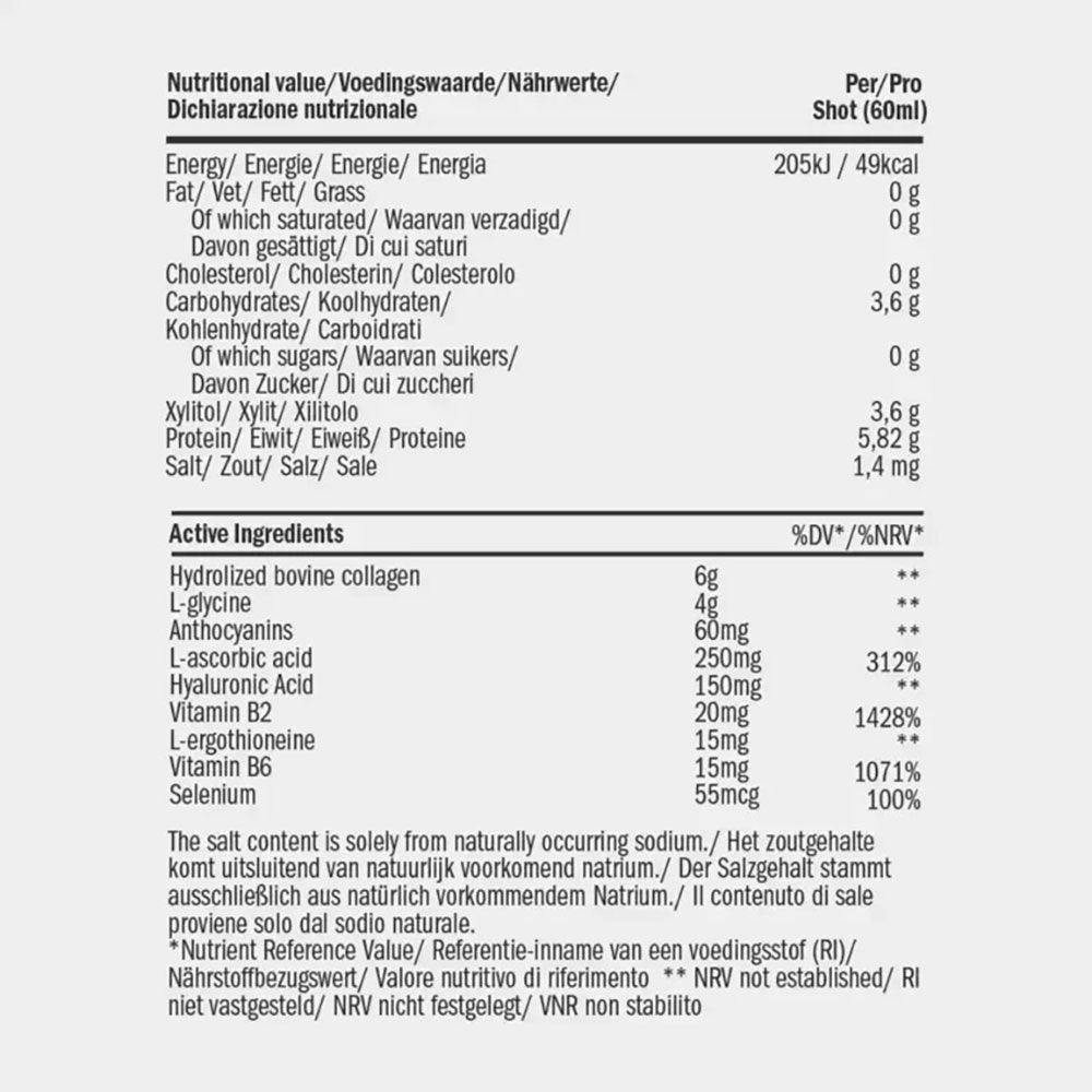 Herbalistas Purovitalis REWIND Liquid Collagen supplement bottle with nutritional table, 6000mg collagen in 60ml bottle.