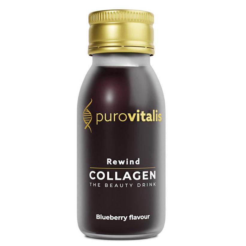 Herbalistas Purovitalis REWIND Liquid Collagen supplement bottle, 60ml, 6000mg collagen, front view.