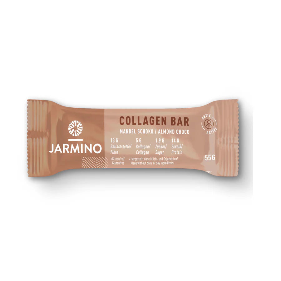Organic collagen bar with almonds and chocolate by Jarmino, high-protein snack in a 55g package, featuring a chocolate and almond flavor.