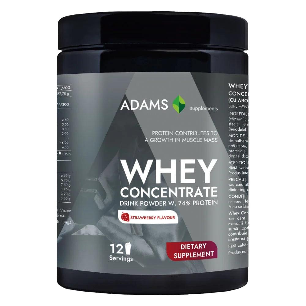 Adams Supplements whey concentrate protein powder in 360g container, showing the product packaging and label.