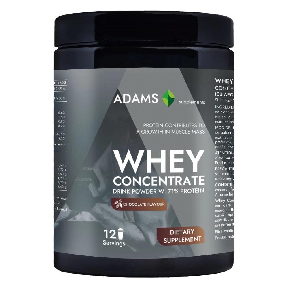 Adams Supplements whey concentrate protein powder in 360g package, chocolate flavor, in a resealable container.
