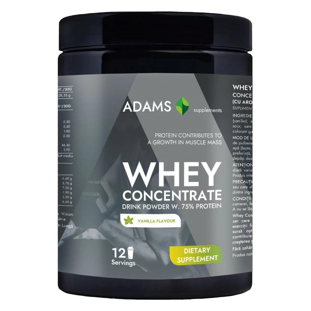 Vanilla whey concentrate protein powder by Adams Supplements in a 360g container, showing the product label and packaging.