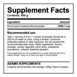 Adams Supplements Creatine Monohydrate in red orange flavor, 400g container, showing the supplement powder and label.