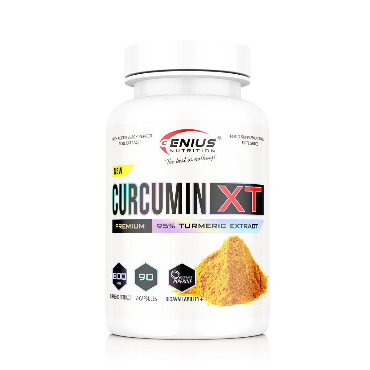 Old Products Curcumin-XT supplement bottle with 90 capsules, featuring a label with turmeric imagery and health benefits.