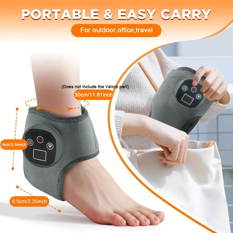 TEMU adjustable ankle heating and vibration massager with USB charging, showing controls, heat levels, and portable design for foot therapy.