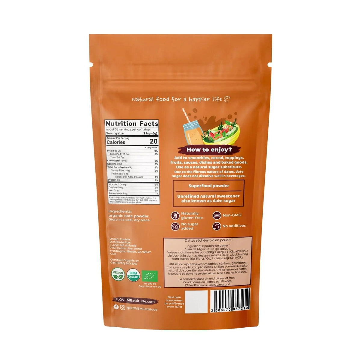 Organic powdered dates in a 200g ILOVE ME package, showing a close-up of the natural, rich date powder in a container.
