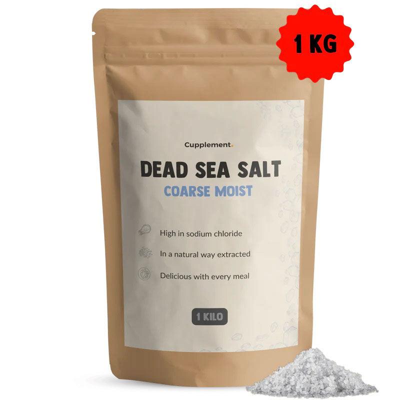 Cupplement Dead Sea Salt 1Kg in a clear container, showing coarse, mineral-rich natural salt for bath and skincare use.