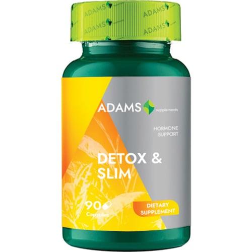 Adams Supplements Detox & Slim supplement bottle with 90 capsules, featuring green and white packaging with product label.