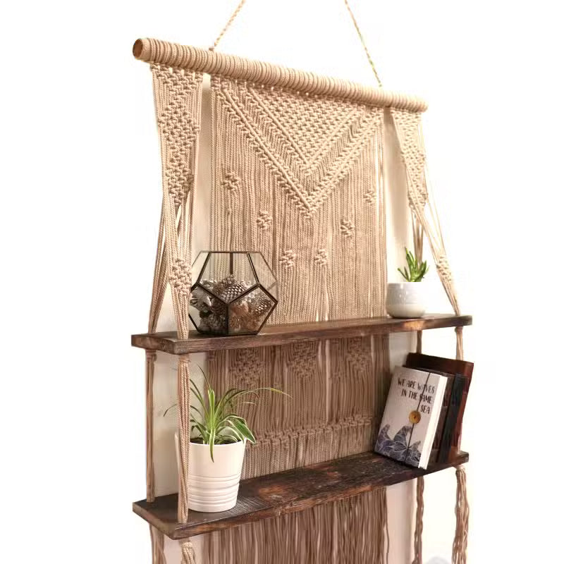 Brown Macramé Hanging Shelves – Handmade Boho Wall Display