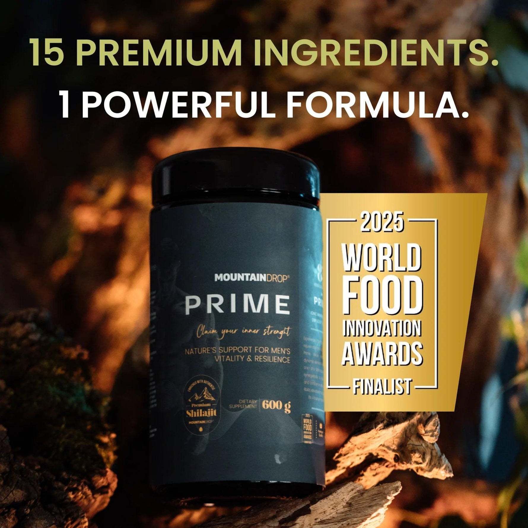 Herbalistas Mountaindrop Prime natural testosterone booster supplement container with 600g label and product details.