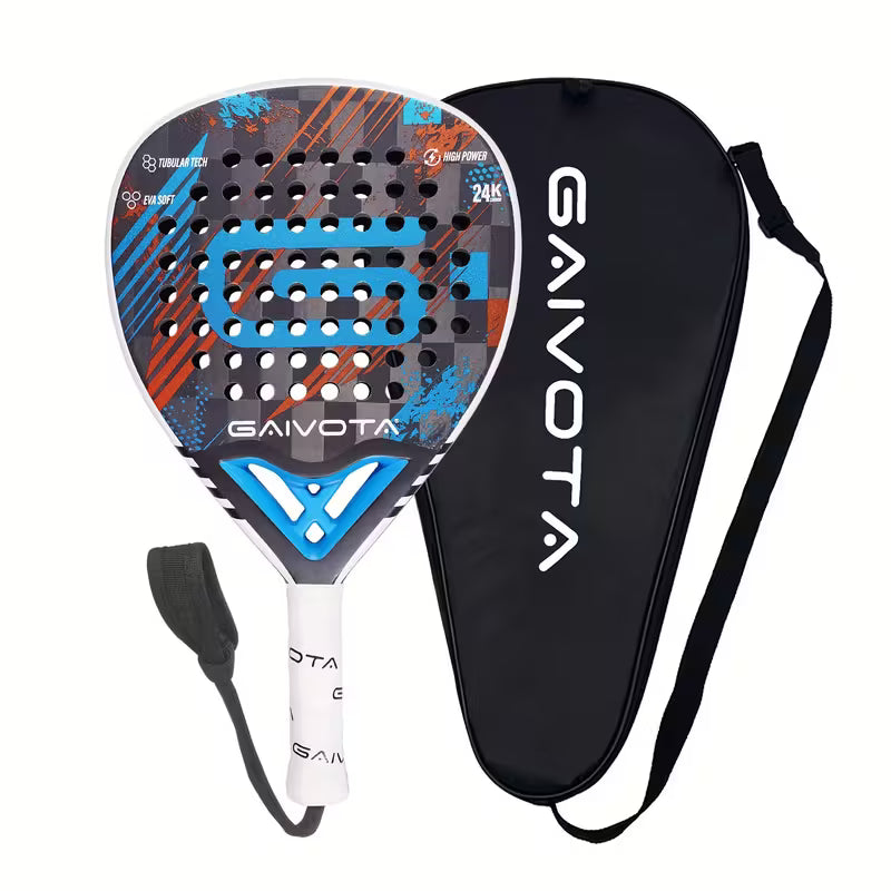 Carbon fiber padel tennis racket by TEMU with a teardrop shape and lightweight design, displayed alongside a carry case.
