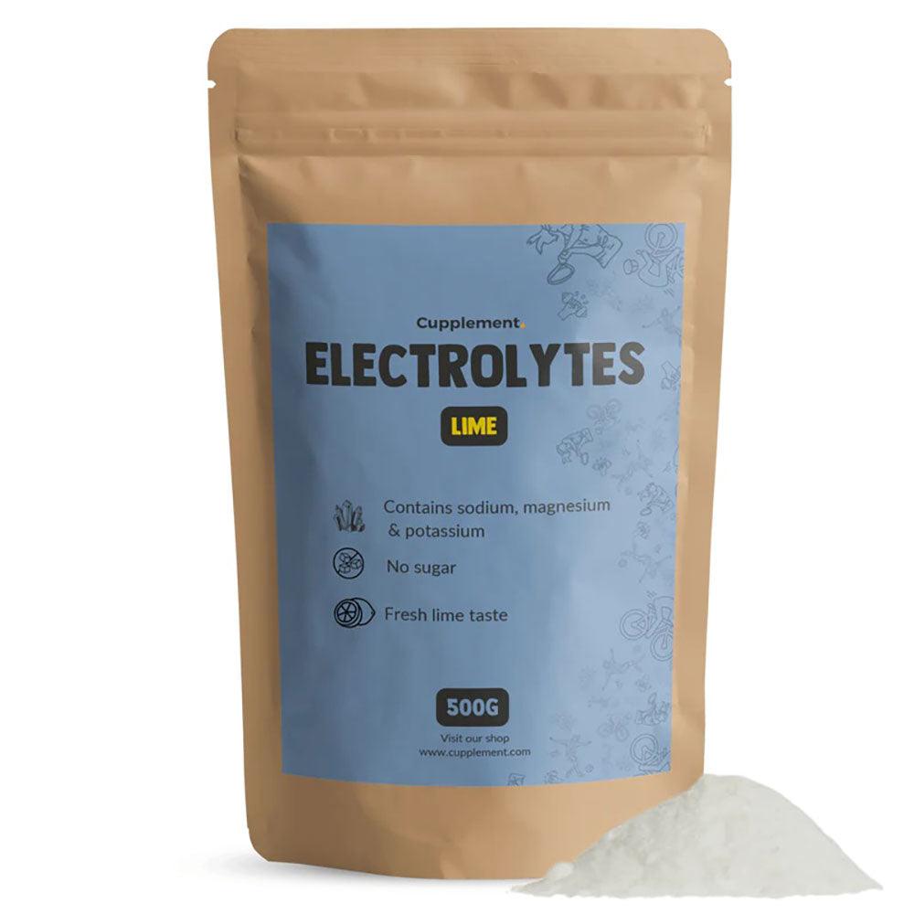 CUPPLEMENT electrolyte powder in lime flavor, sugar-free supplement, 500g container with lime-flavored powder visible inside.