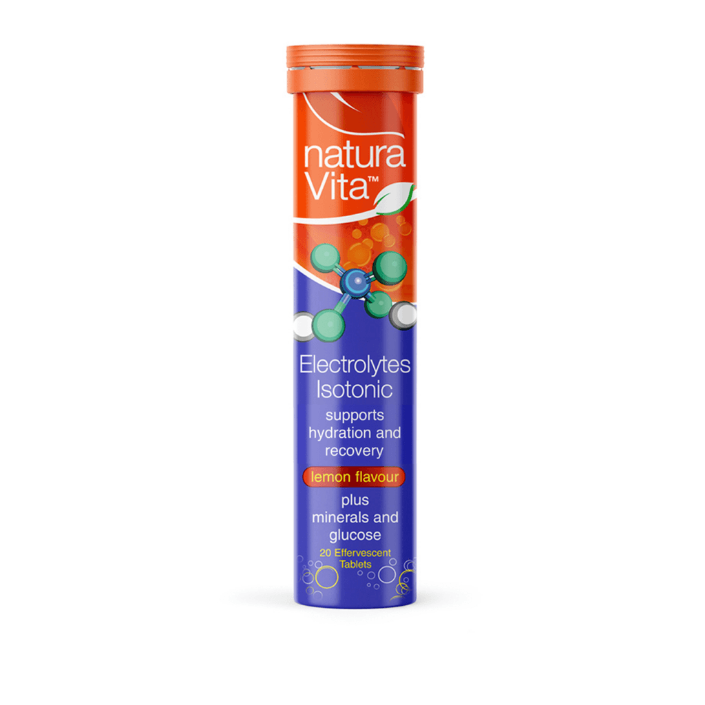Electrolytes isotonic supplement with minerals and glucose by Naturavita, featuring a clear bottle with a vibrant label and cap.