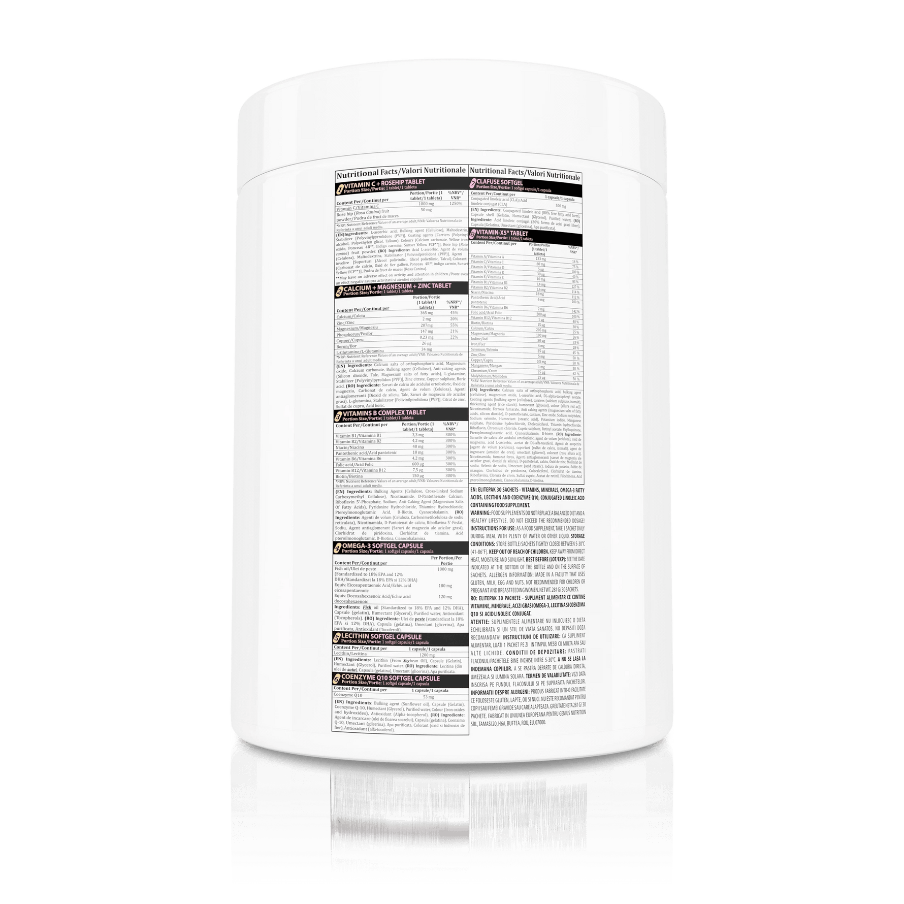 Genius Nutrition ELITEPAK supplement box with 30 packs, showing colorful vitamin and supplement capsules on the packaging.