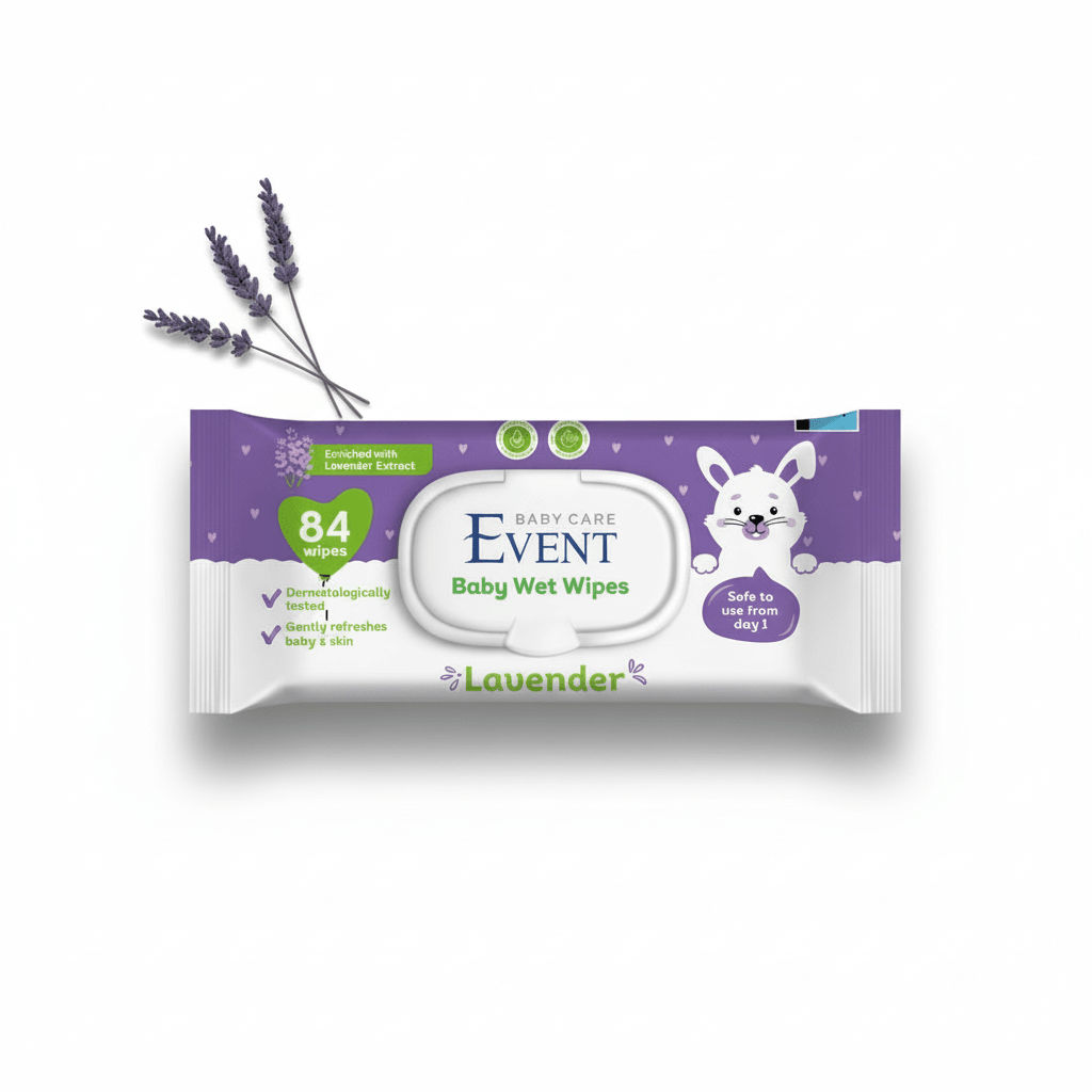 Event Baby Wet Wipes with Lavender, 84 pcs by PETROUTSIOS, featuring soft wipes soaked in water and lavender scent for gentle cleaning.