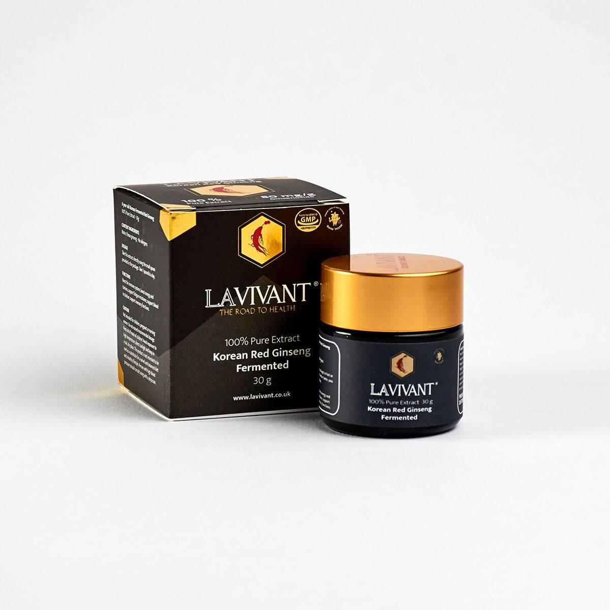 Black box of Lavivant Korean fermented red ginseng extract paste by OLD PRODUCTS, 30g, with 80mg/g potency, in a sleek black packaging.