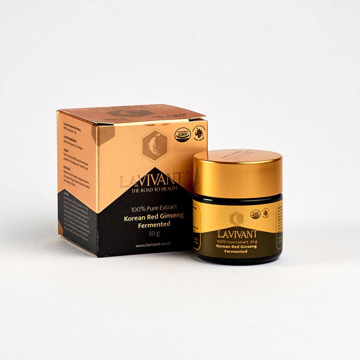 Korean Fermented Red Ginseng extract paste in a gold box, 110mg/g, 30g, by Lavivant, with packaging showing the product inside