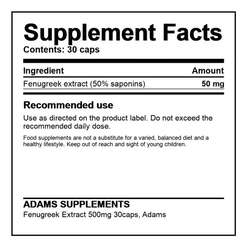 Adams Supplements Fenugreek Extract 50 mg capsules, showing a bottle of 30 capsules with extract capsules in a blister pack.