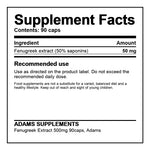 Adams Supplements Fenugreek Extract 50 mg capsules, showing a single capsule and the supplement bottle on a white background.