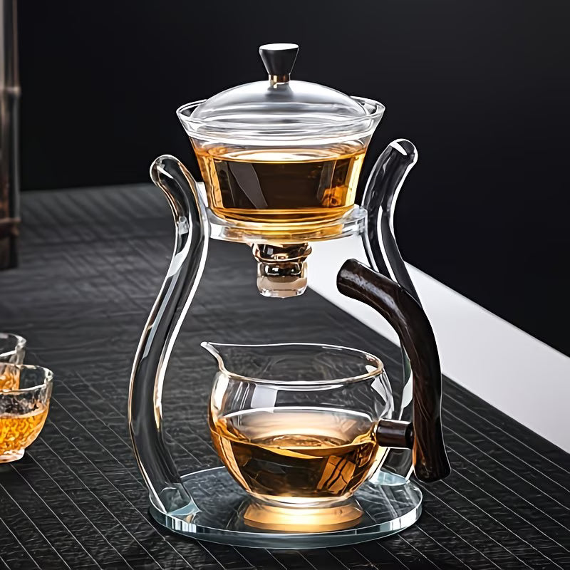 Borosilicate glass gongfu tea set with lazy style teapot and suction brewing features, designed by TEMU for elegant tea preparation.
