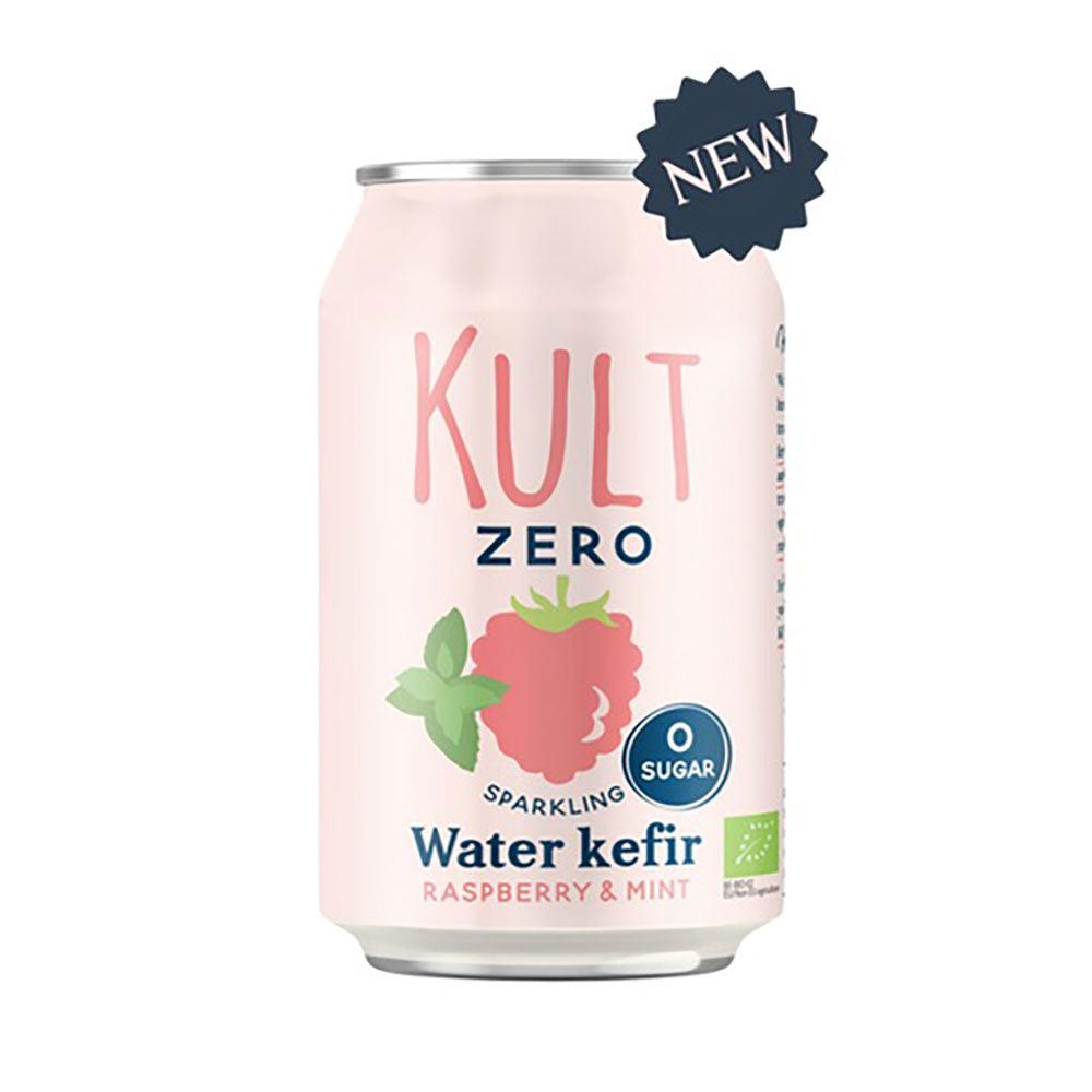 KULT Bio Water Kefir Raspberry & Mint by Herbalistas, 330ml bottle with raspberry and mint flavor, zero sugar, in clear glass.