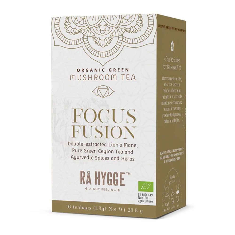 Herbalistas RA Hygge BIO Focus Fusion tea box with 16 green tea bags featuring Lion's Mane mushroom for mental clarity.