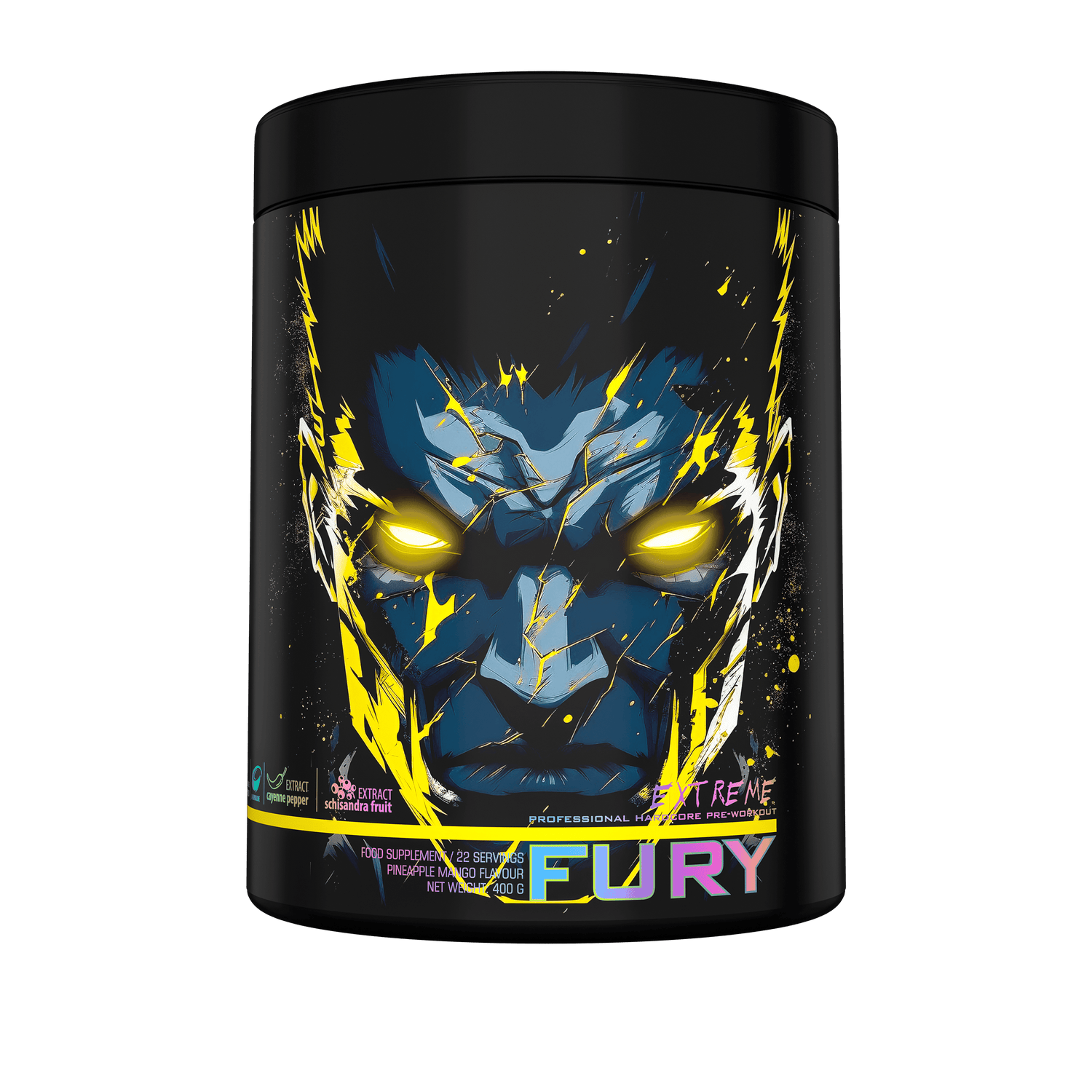 Fury Extreme energy food supplement by Genius Nutrition in mango pineapple flavor, 400g package.