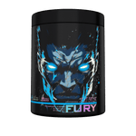 Fury Extreme Genius Nutrition energy supplement in 400g container, featuring vibrant packaging and product label.