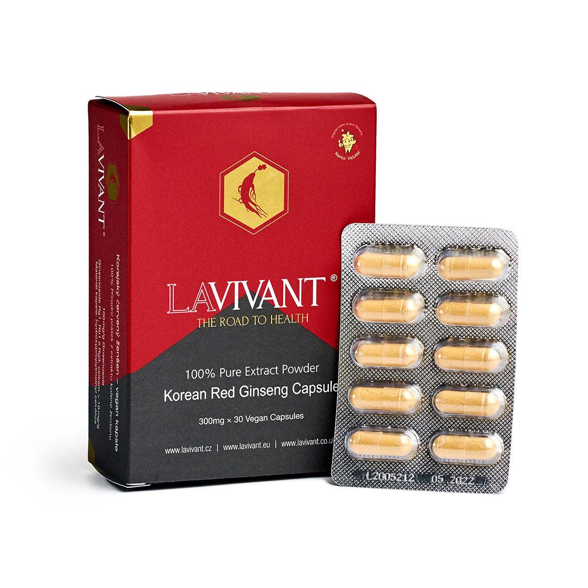 Korean Red Ginseng Extract capsules in a red box, 30 vegan capsules, containing 300mg of ginseng extract per capsule.